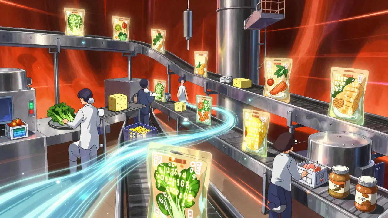 Food processing line with luminous lot codes transforming across products