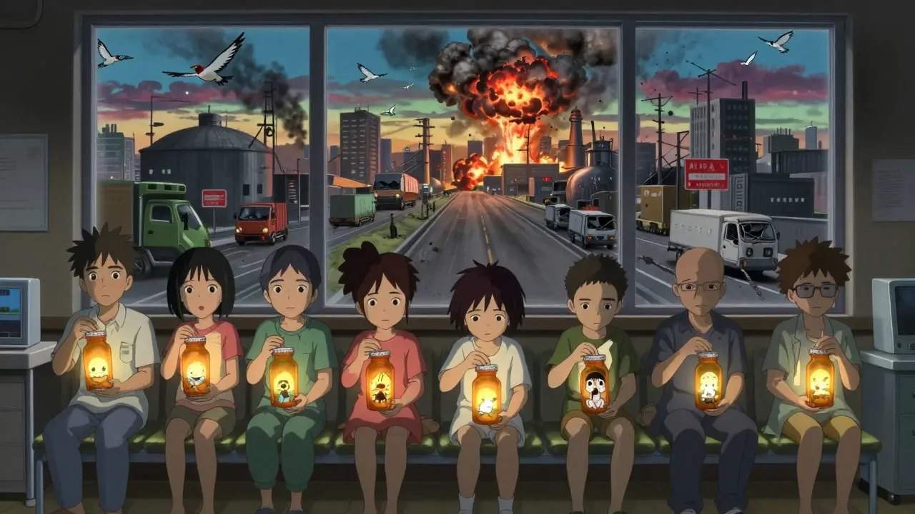 Patients hold empty glowing pill bottles that reveal their younger selves, while a broken global supply chain crumbles into birds flying away.