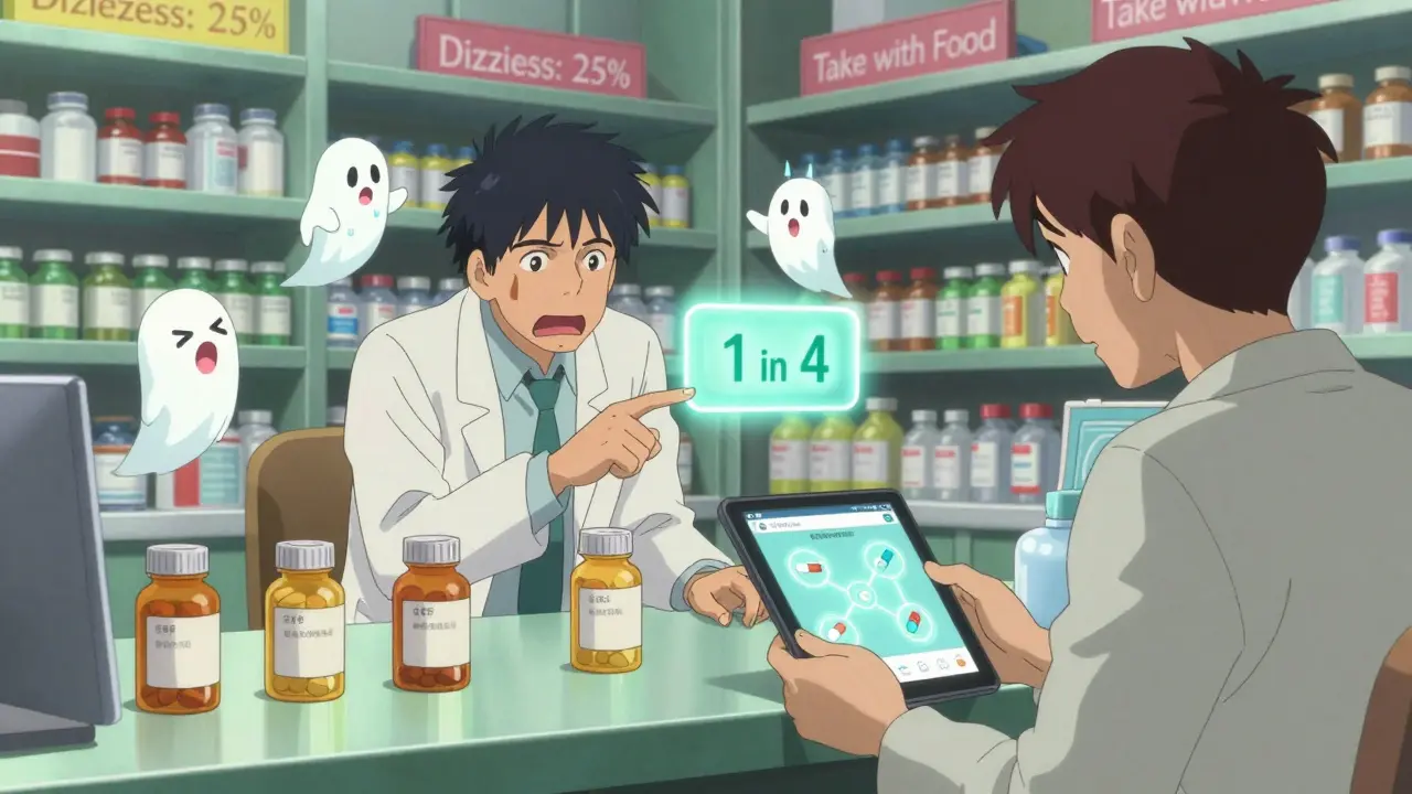 Pharmacist points to glowing pill labels with animated side effects while patient holds a medication review tablet