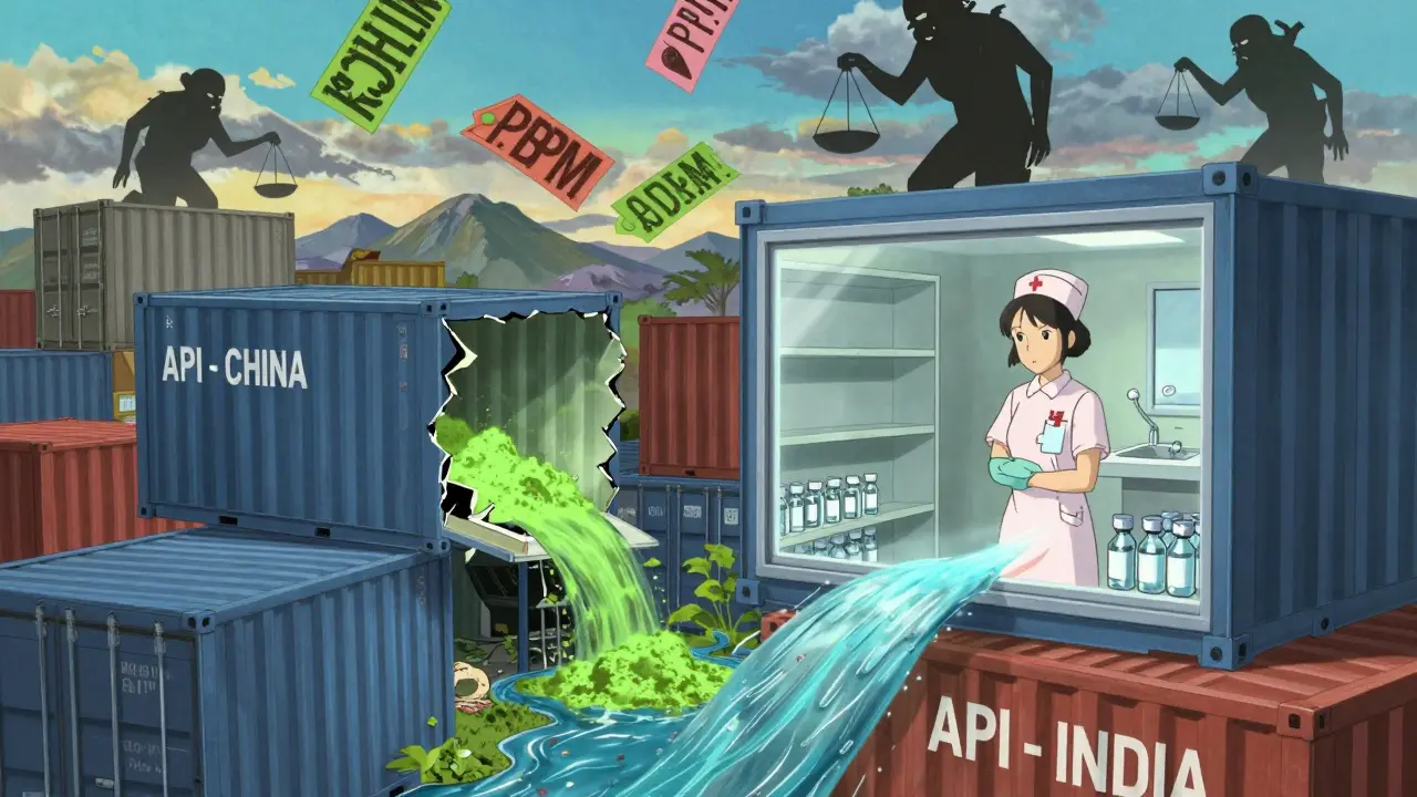 Shipping containers spilling pharmaceutical ingredients into a river flowing toward a hospital, PBMs looming as shadows.