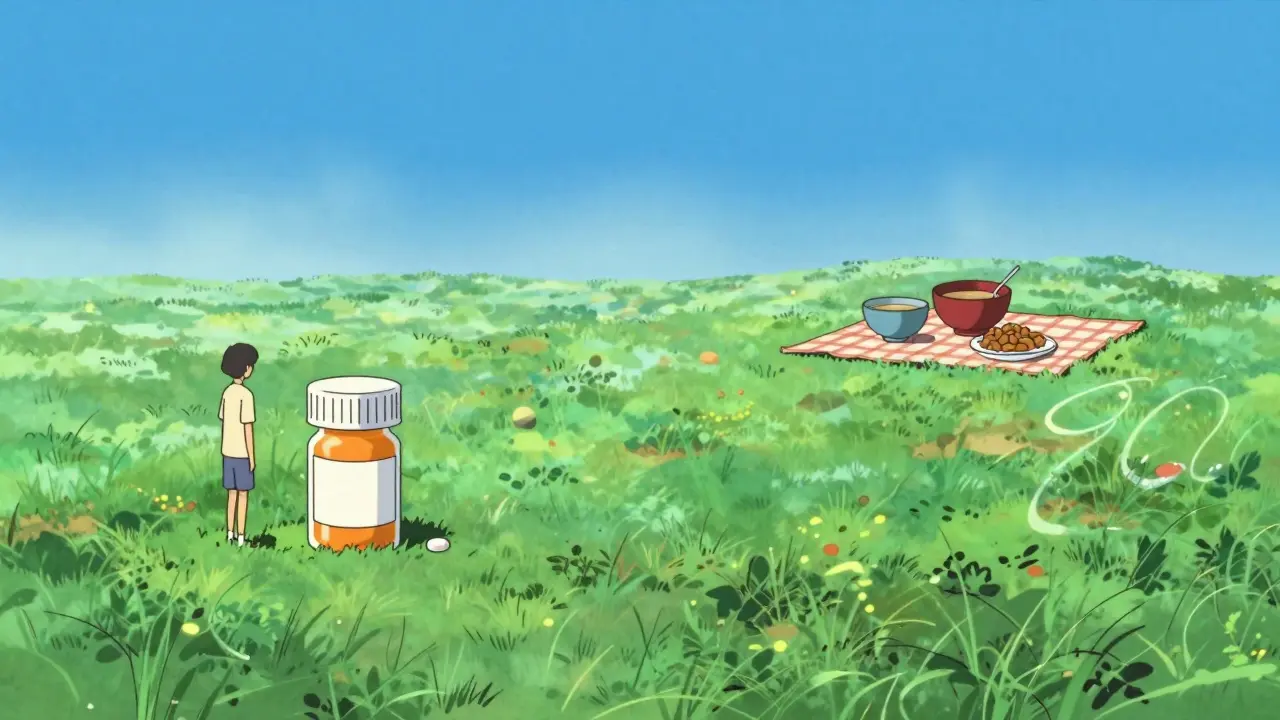 Stylized clock landscape separating medicine time from meal time