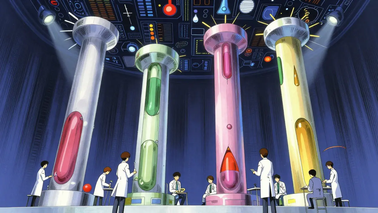 Stylized scientists working around four abstract pillars representing drug development standards.