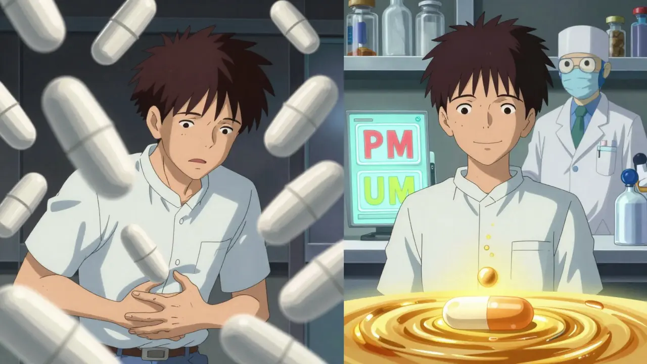 Two versions of a person showing extreme side effects versus balanced drug metabolism, with genetic labels visible.