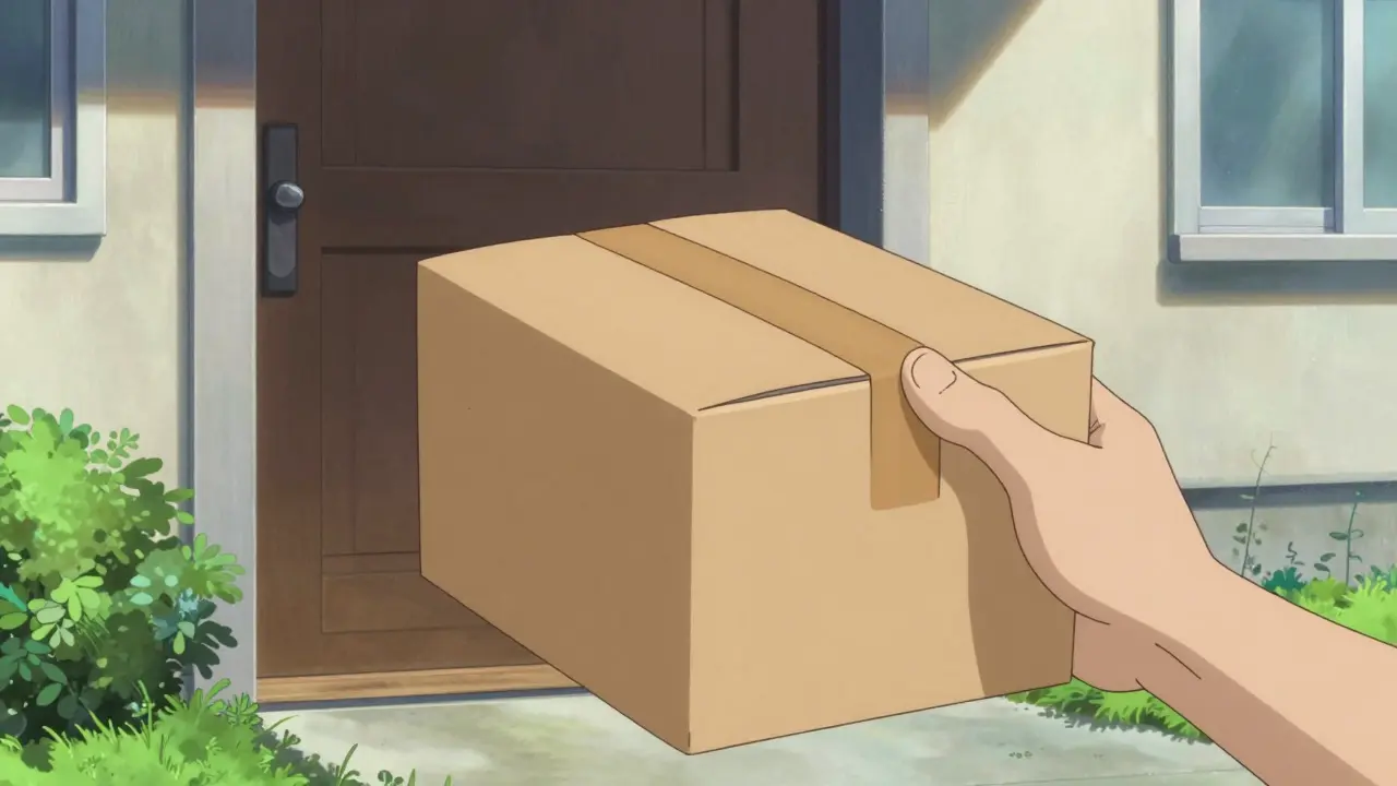 A discreet medication package delivered to a house doorstep in anime style