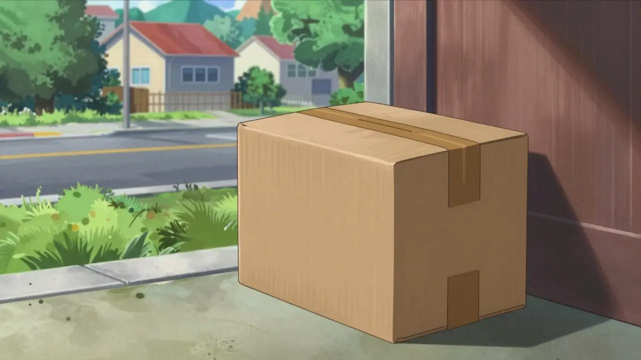 A discreet unmarked delivery package on a stylized doorstep in Masaaki Yuasa anime style
