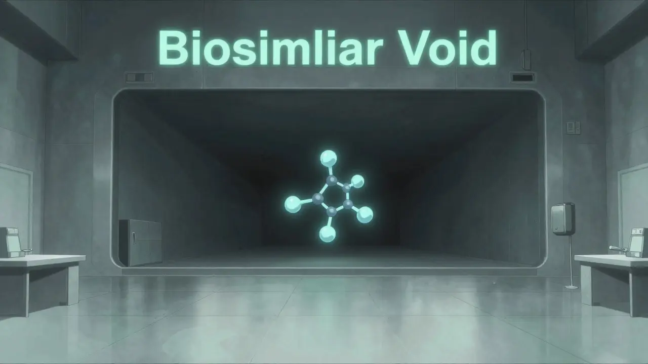 A lonely, glowing molecular structure in a vast, empty futuristic laboratory