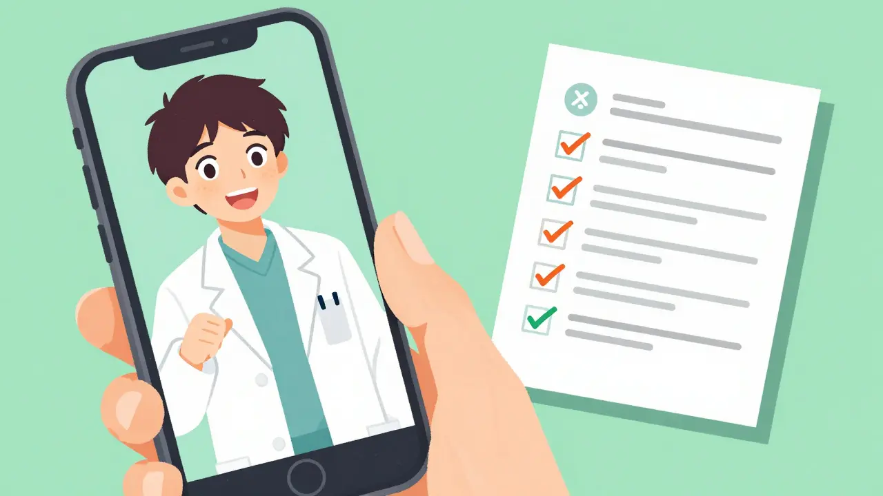 A man having a telehealth consultation with a doctor via a smartphone in Yuasa anime style.