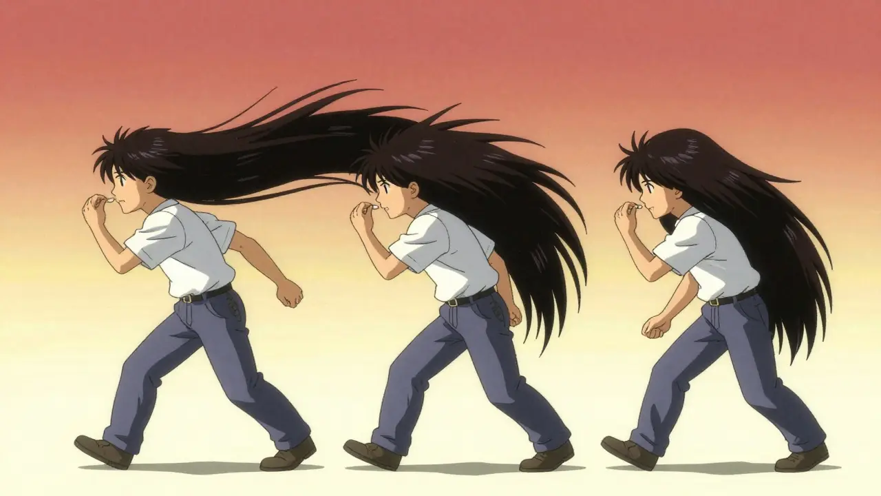 A sequence showing a man's hair growing thicker over time through consistent medication use.