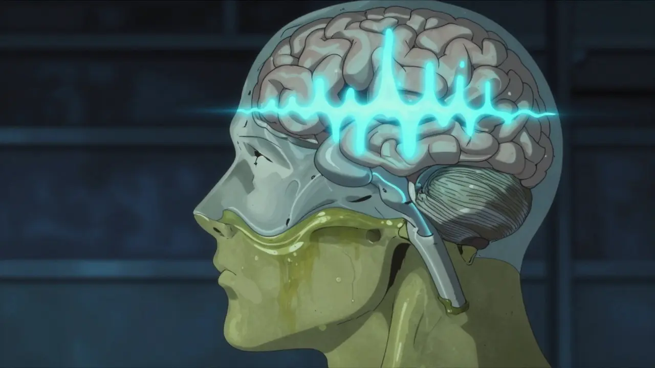 Abstract anime illustration of a suppressed brain signal and collapsing airway