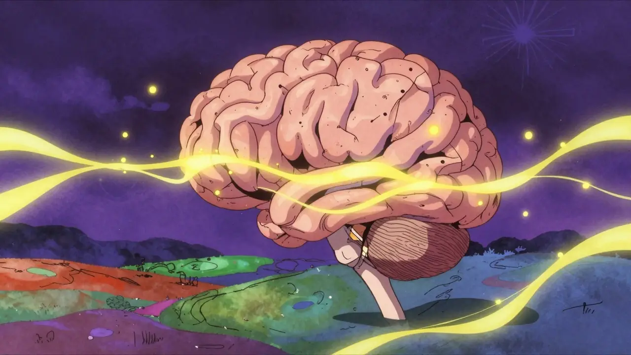 Abstract anime representation of brain chemistry and serotonin balance