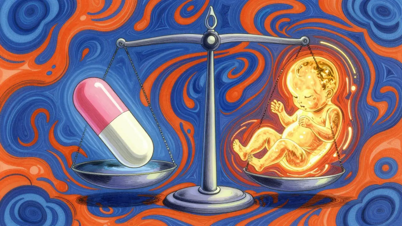 Abstract scale balancing a medication tablet and a glowing fetus silhouette