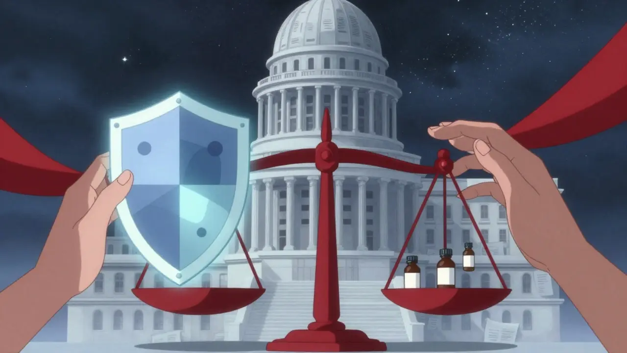 Abstract scales balancing patent shields and medicine bottles.