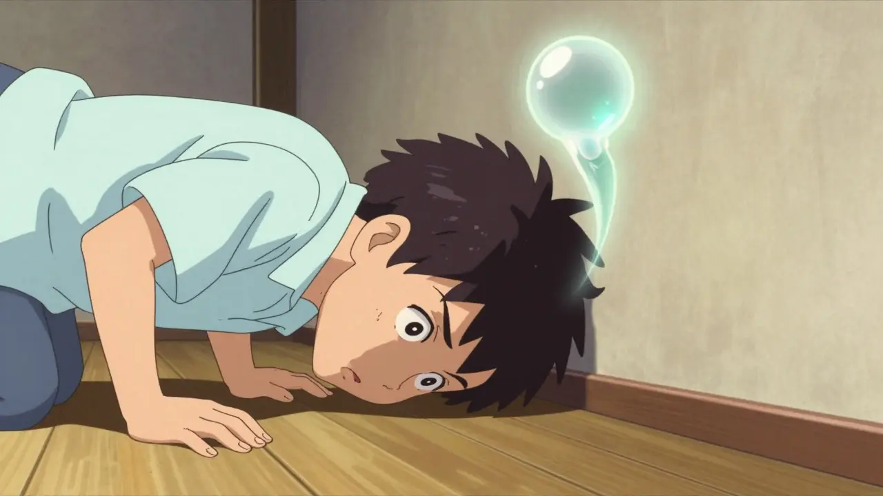 Anime character maintaining a face-down position for recovery after eye surgery