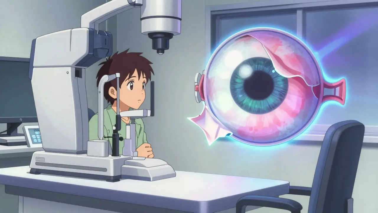 Anime depiction of an eye exam with a conceptual view of a detached retina