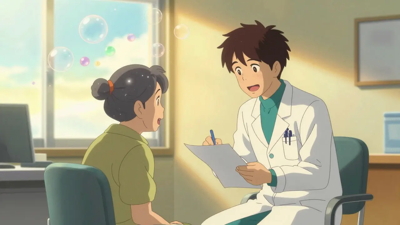 Anime scene of a doctor helping a patient clear mental fog through a medication change.