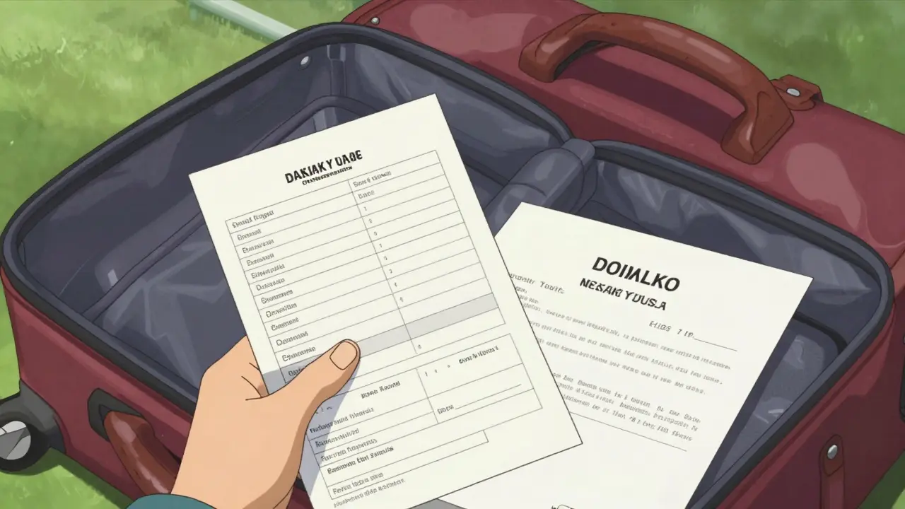Anime style close-up of a traveler holding a generic medication list and doctor's letter.