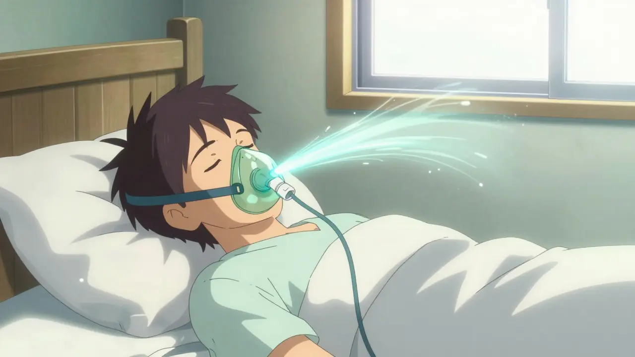 Anime style person sleeping comfortably using a CPAP machine