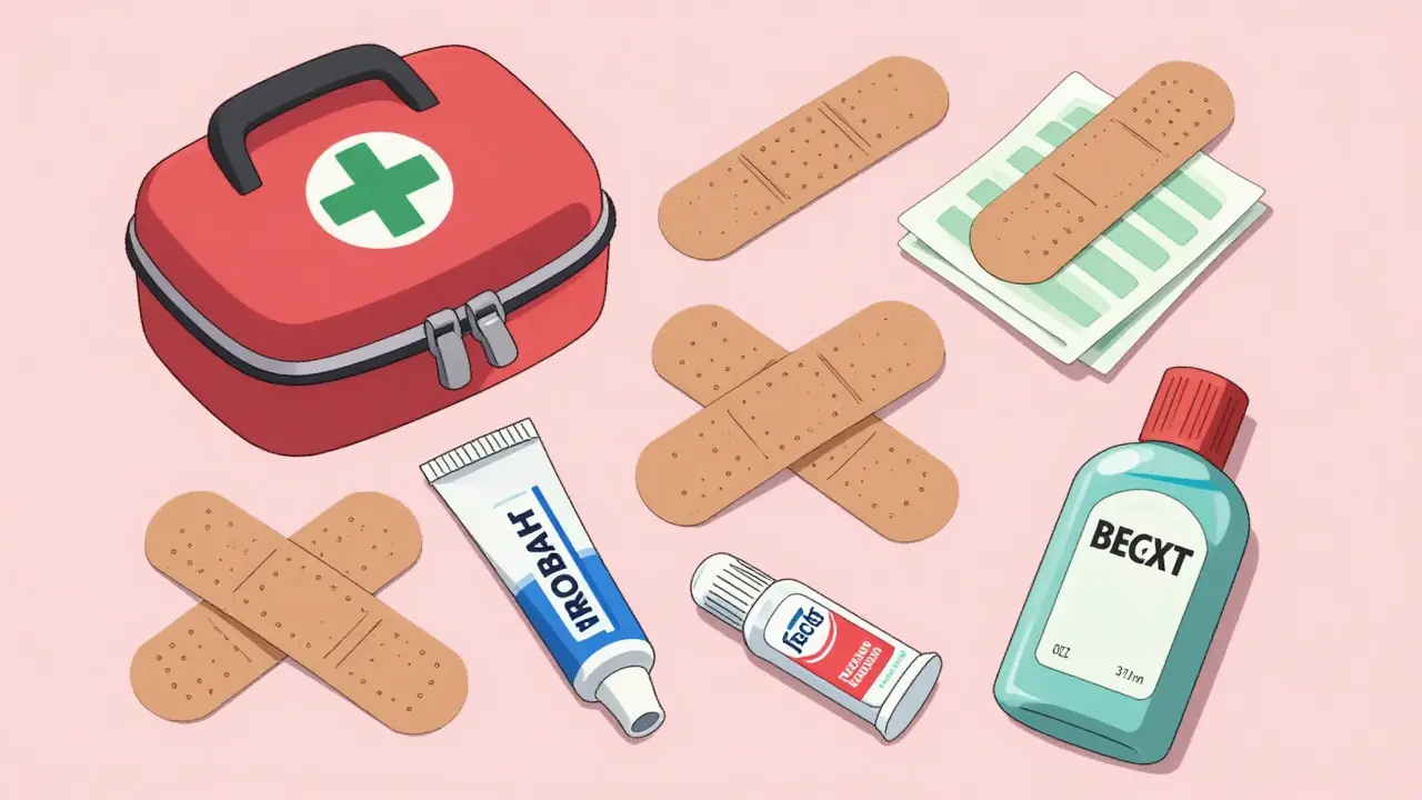 Anime style top-down view of first aid supplies including bandages and repellent.