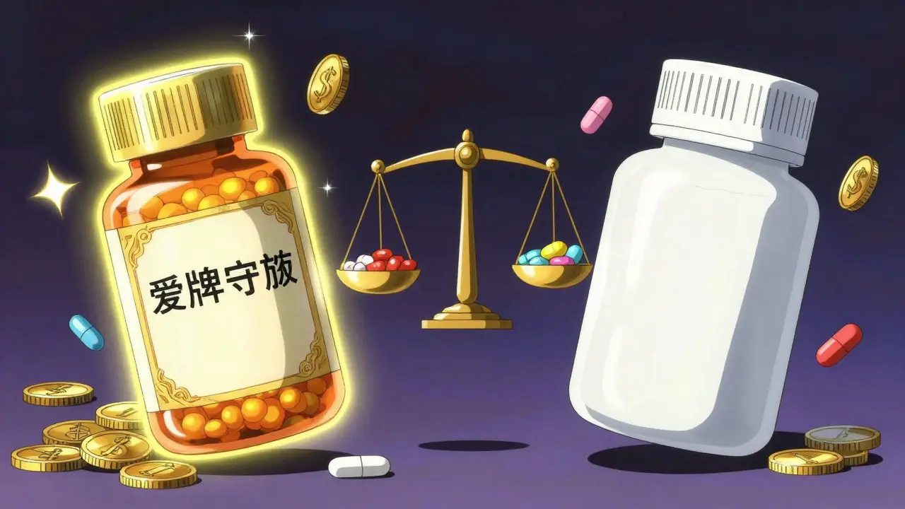 Comparison of brand name and generic medicine bottles in a surreal Masaaki Yuasa anime style