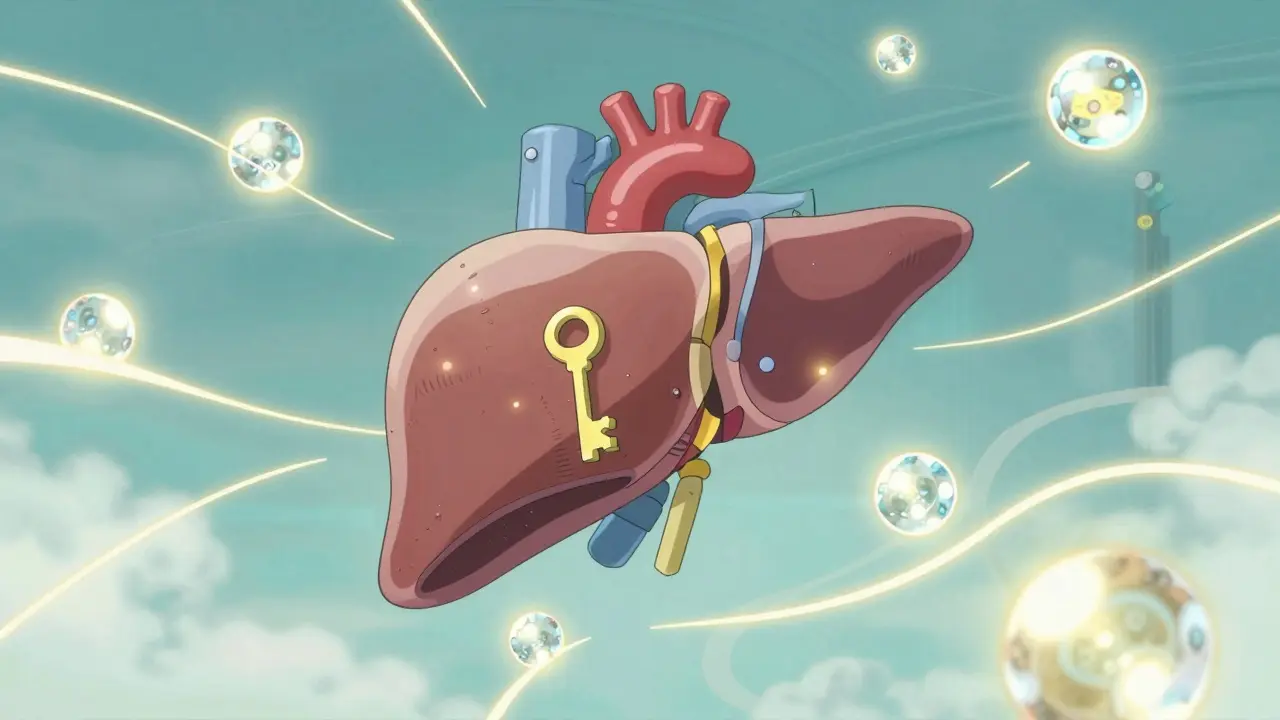 Futuristic visualization of ASO drugs silencing the production of Lp(a) in the liver