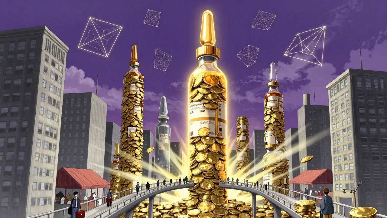 Golden skyscrapers made of vials under glowing equations.