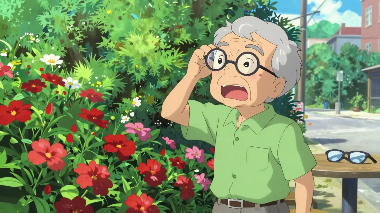 Happy person seeing a vibrant, colorful garden with clear vision in anime style