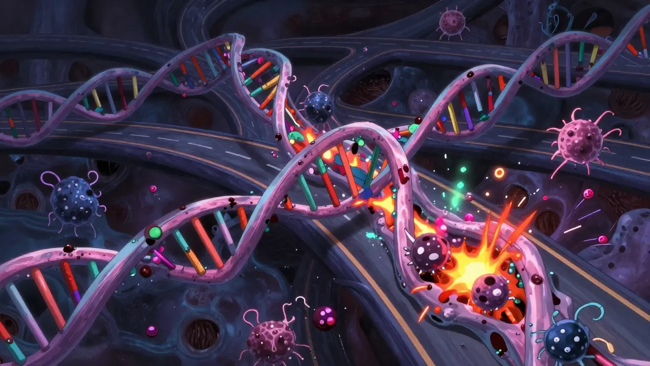 Microscopic view of Lp(a) particles with hook-like structures blocking a stylized artery