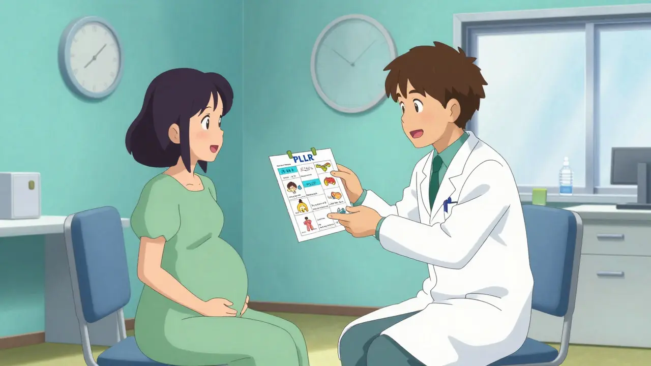 Pregnant woman and doctor discussing medication safety in a stylized clinic