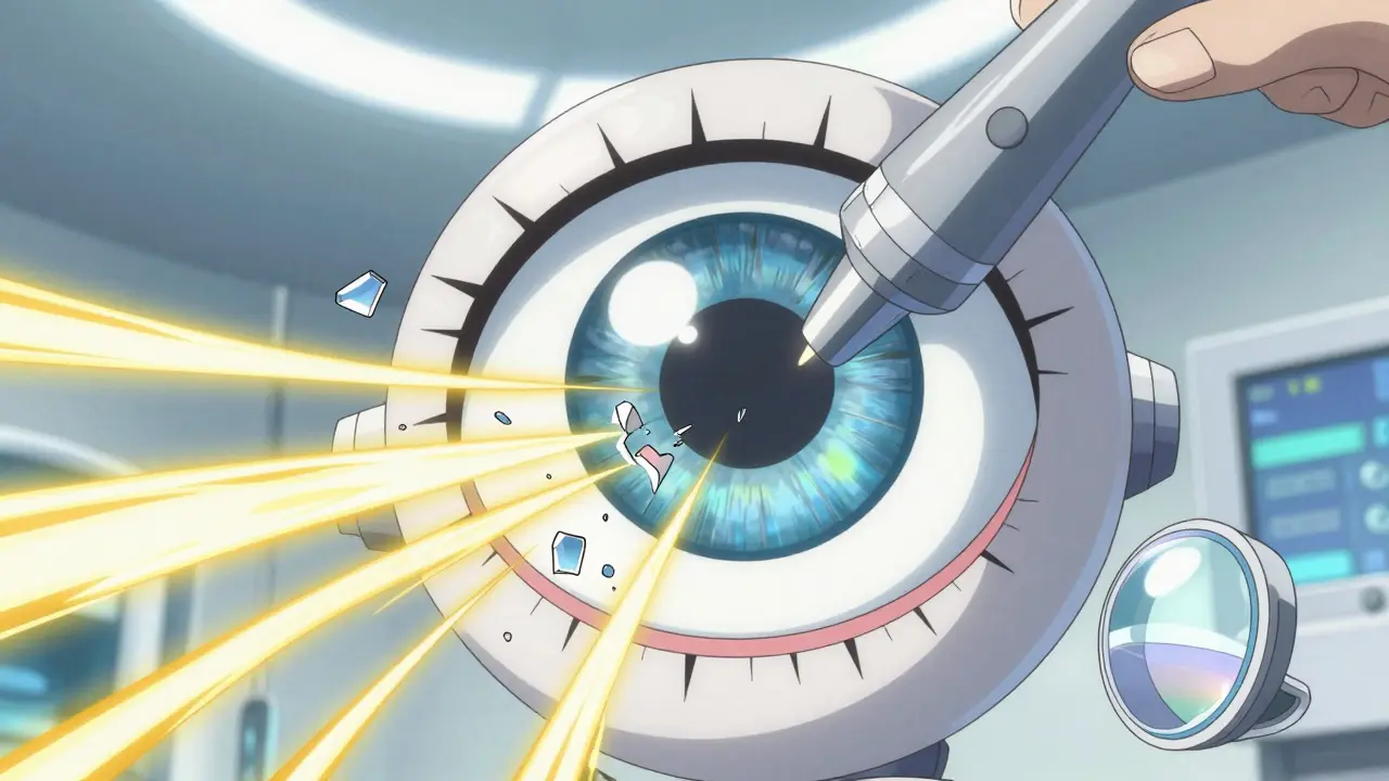 Stylized anime depiction of an ultrasonic probe removing a cloudy lens from an eye