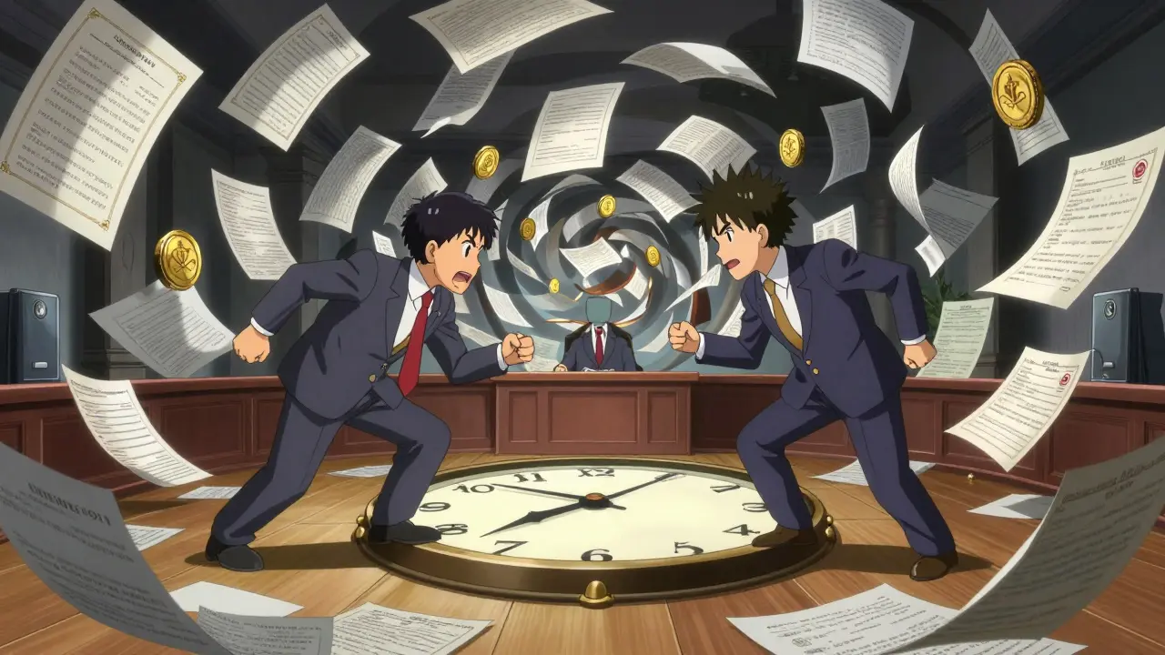 Two figures arguing in a surreal courtroom surrounded by a vortex of patent documents