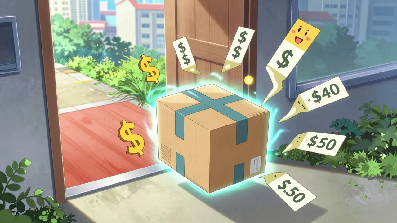 Anime art of medication delivery package with affordable pricing symbols