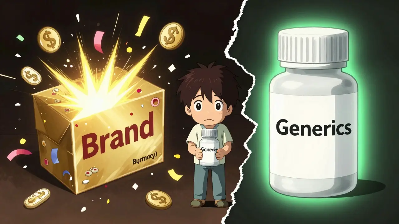 Anime illustration comparing flashy brand packaging with simple generic medicine