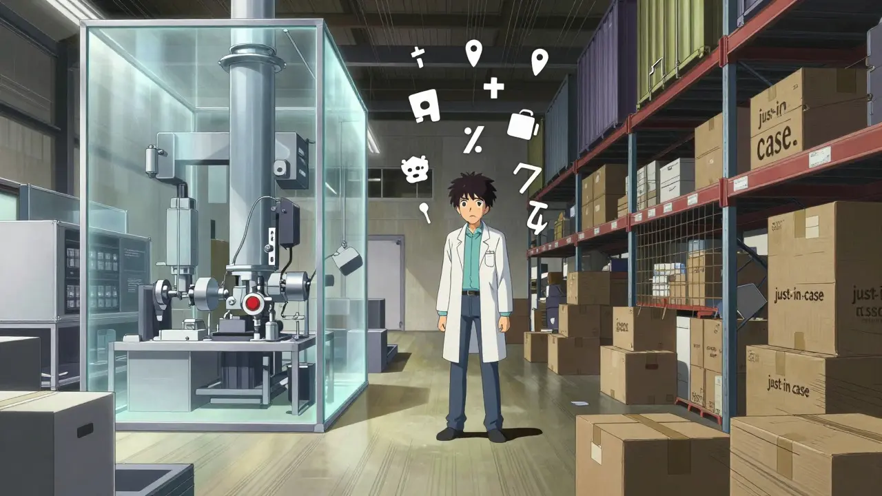 Anime illustration contrasting fragile just-in-time factories with robust stockpiles