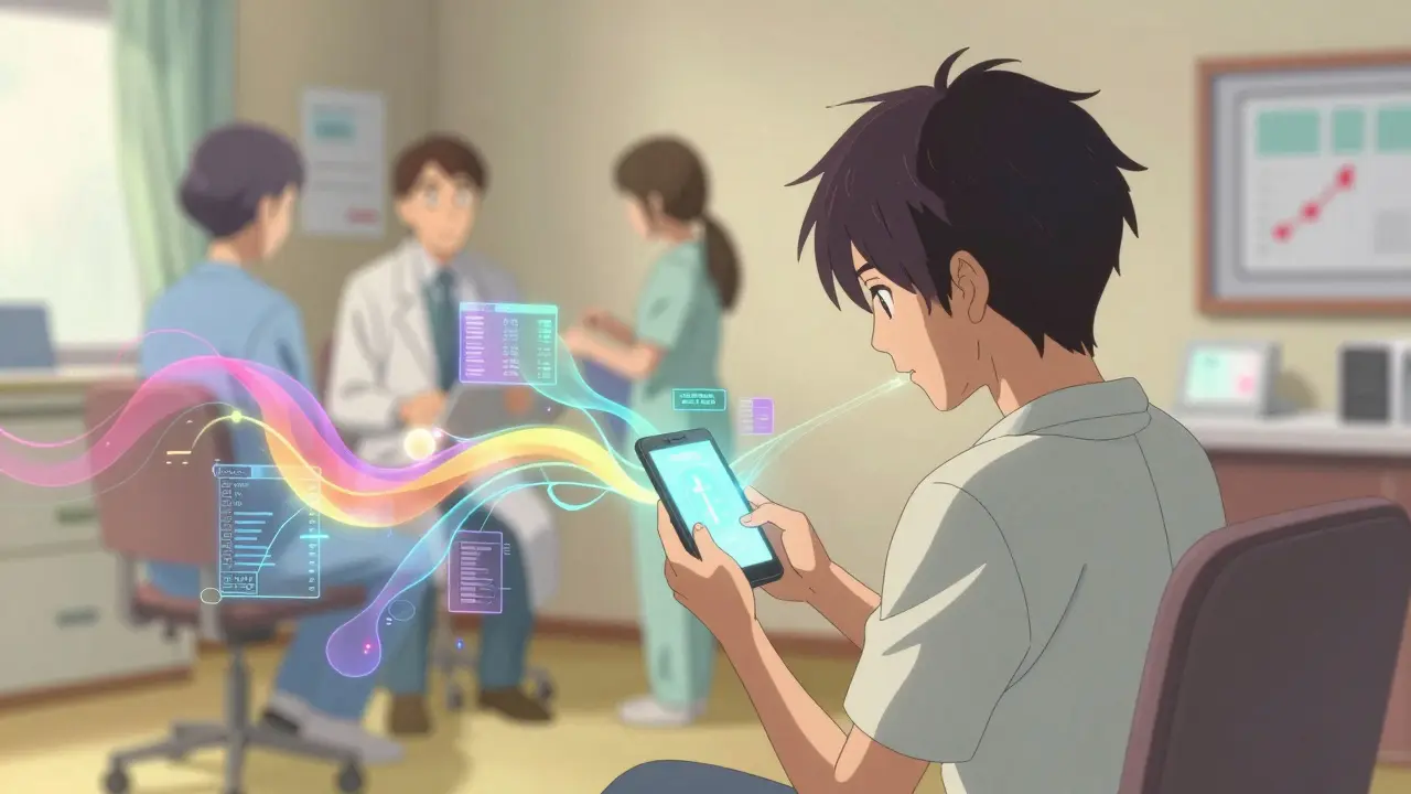Anime patient surrounded by soft data streams symbolizing digital health monitoring