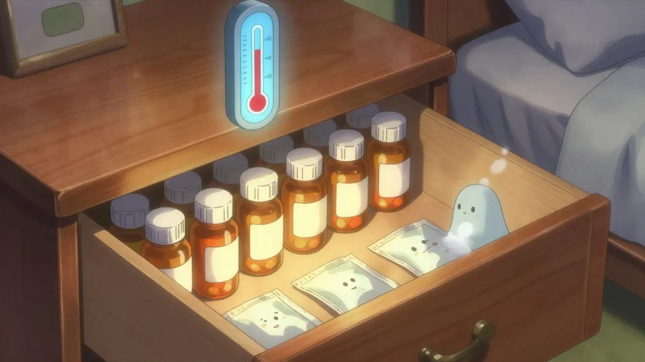 Anime style illustration of safe medication storage in a dry bedroom drawer