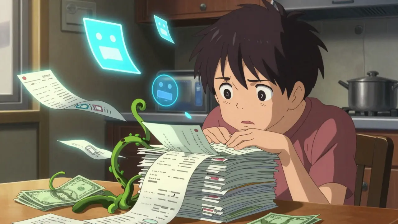 Anime woman surrounded by twisting bill vines, finding glowing coupon solutions in a dim room.