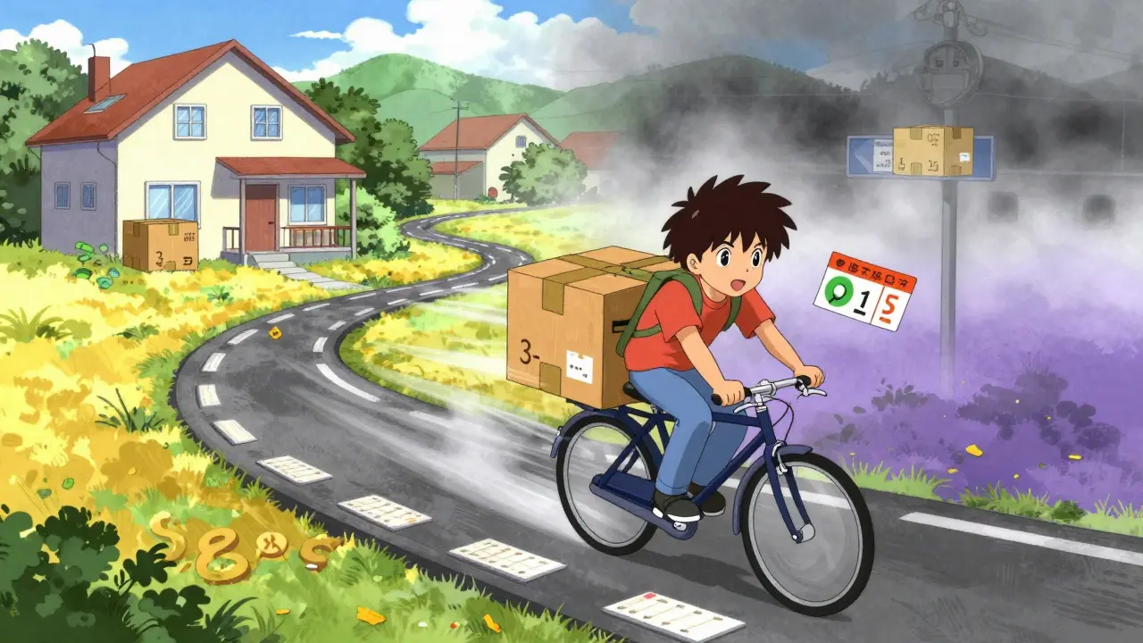 Character riding a package bike past dollar signs, illustrating fast US delivery