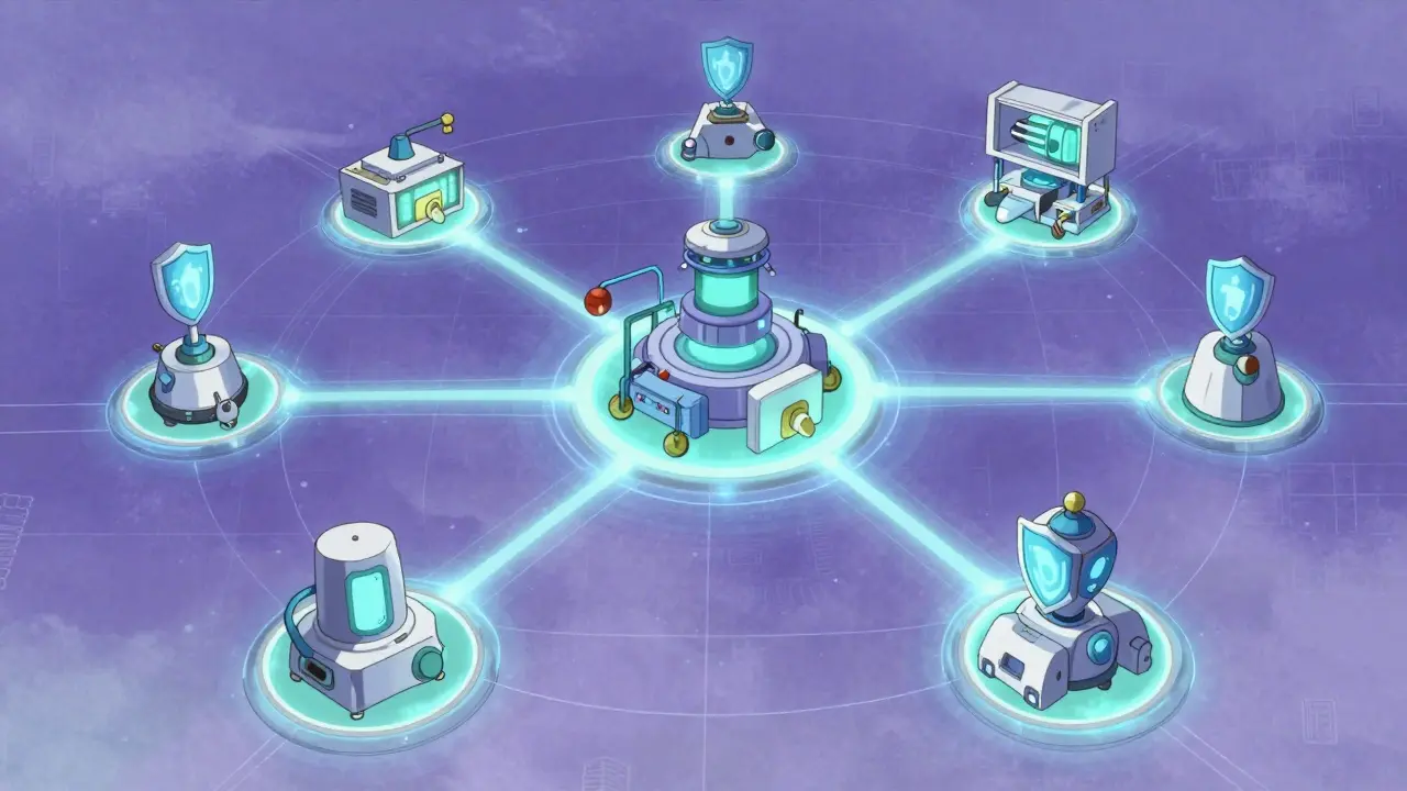 Cyberpunk anime style decentralized microfactories connected by glowing data streams