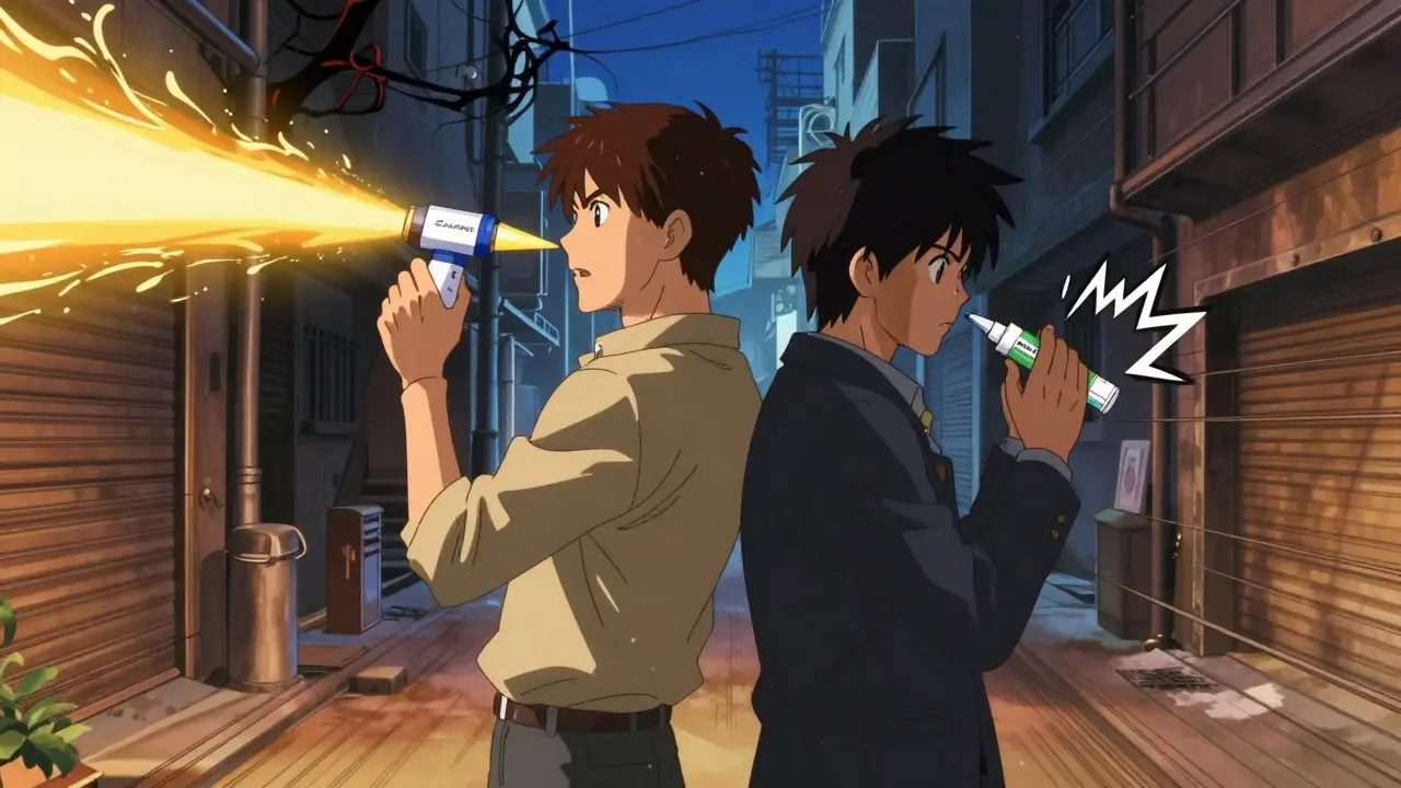 Dynamic anime scene showing emergency nasal spray medications