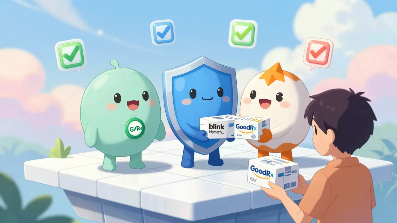 Friendly pharmacy mascots handing out safe meds in a bright, trustworthy setting