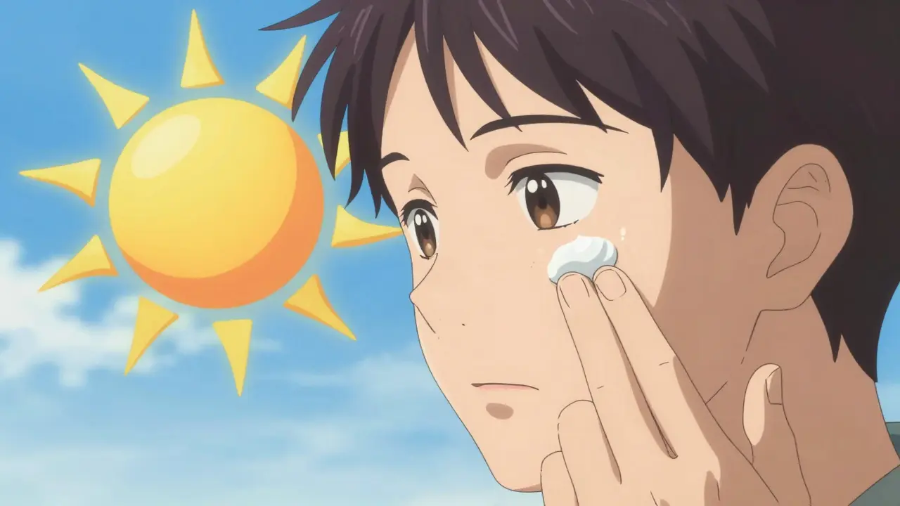 Hand applying retinoid cream with stylized sun protection symbol nearby
