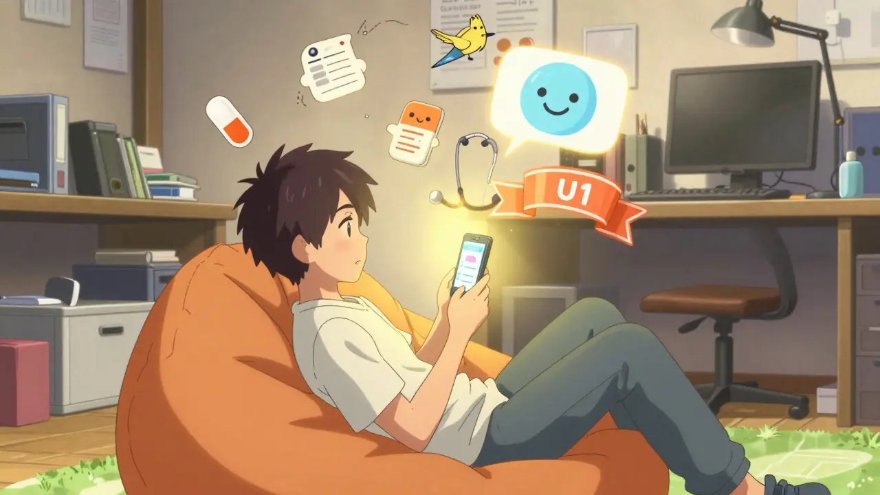 Manga art: Person using smartphone to find cheap generic albuterol at home.