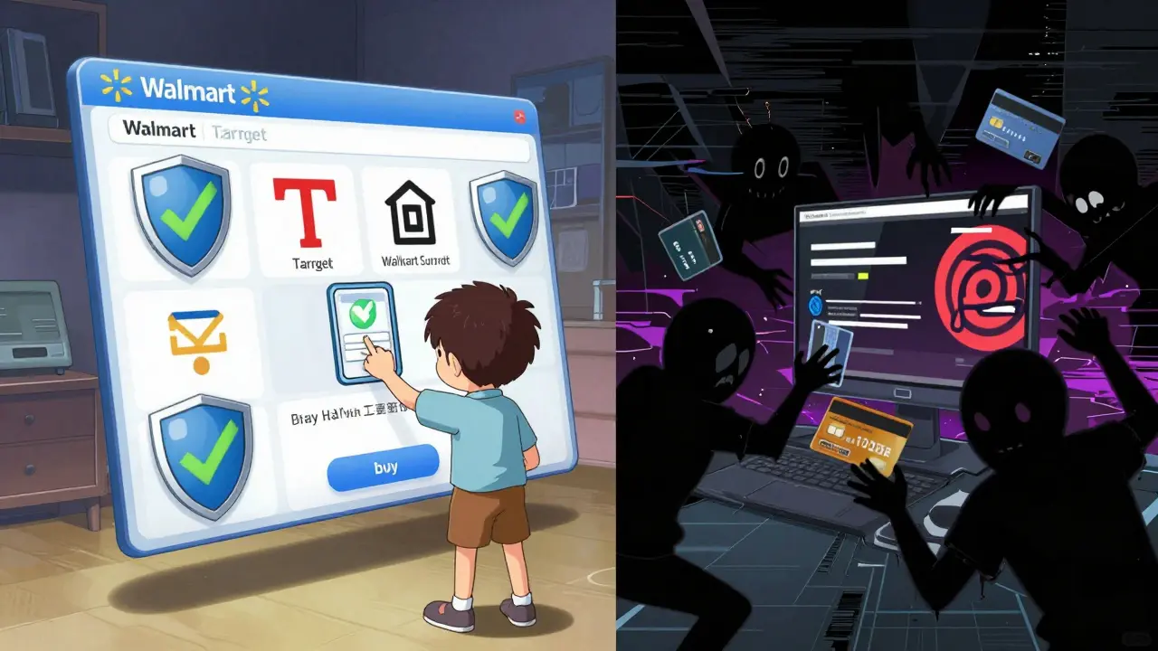 Manga illustration of safe online pharmacy vs scam website risks