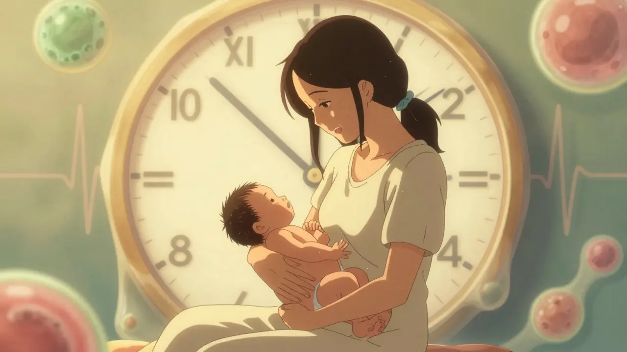 Mother and baby in warm light with abstract clock symbolizing postpartum care