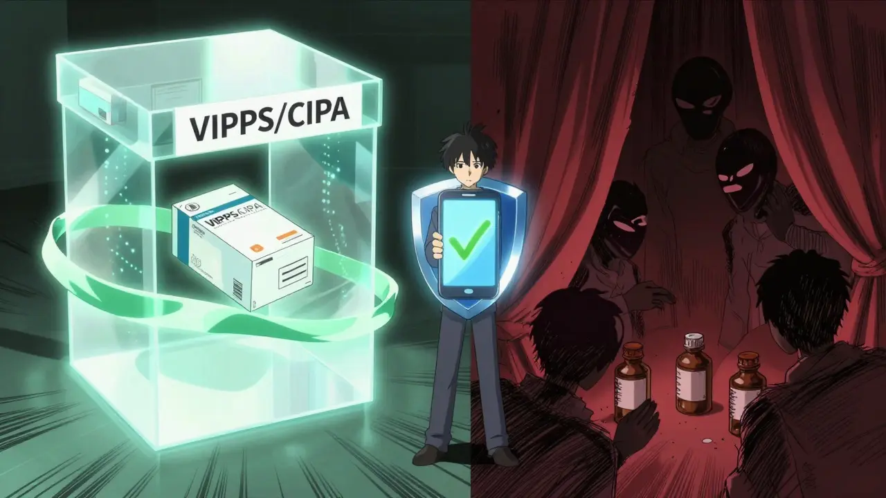 Split anime scene contrasting safe glowing verified pharmacies with dark shady sellers.