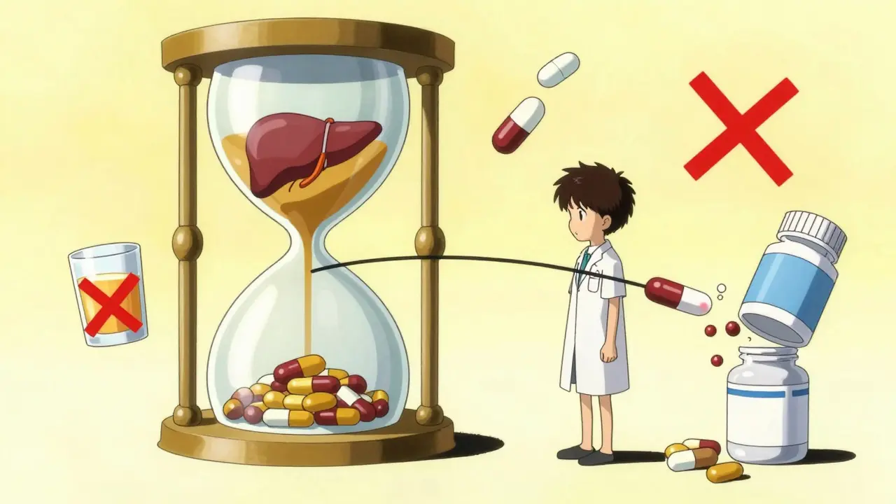 Stylized anime art showing medication dosage limits and safety