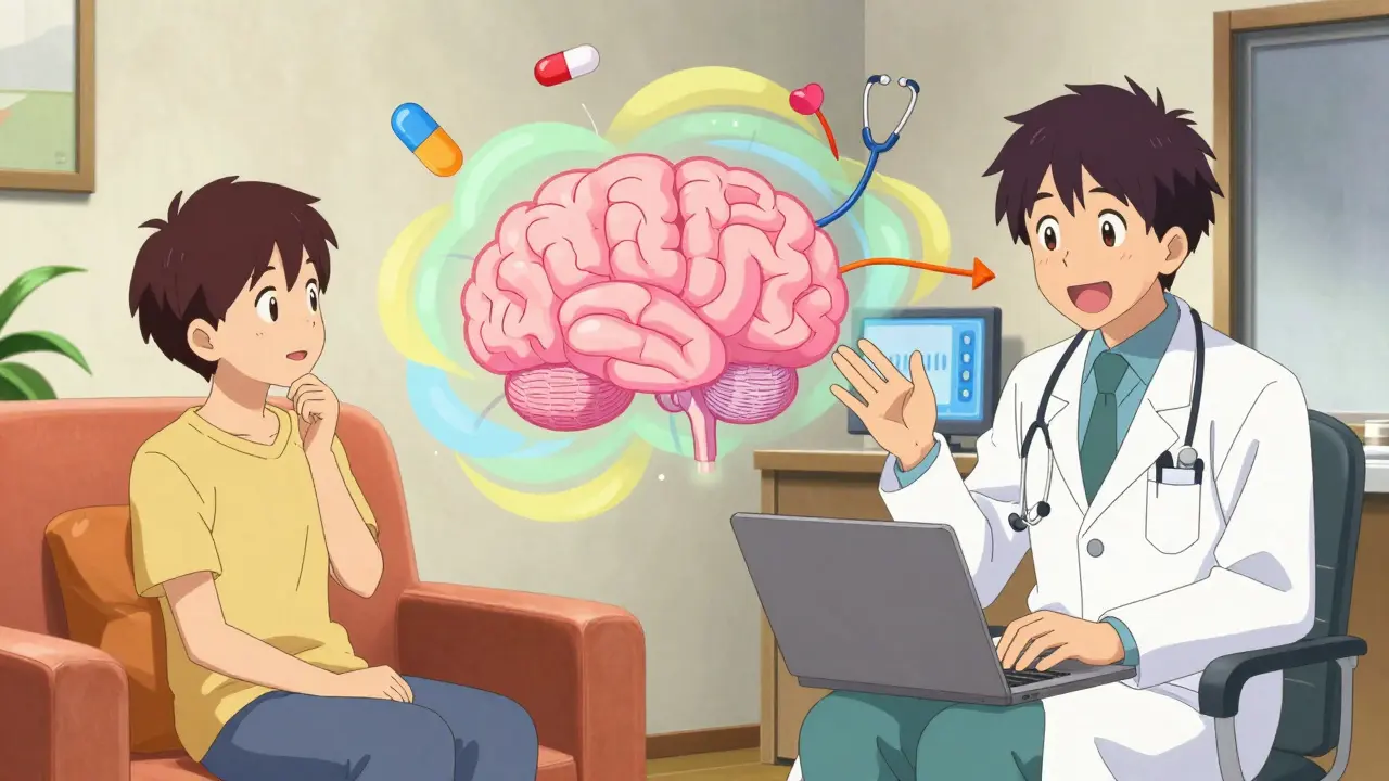 Stylized anime video call between patient and doctor discussing mental health care