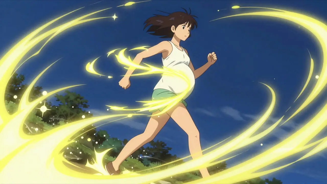 Stylized pregnant woman walking with energy swirls representing exercise benefits