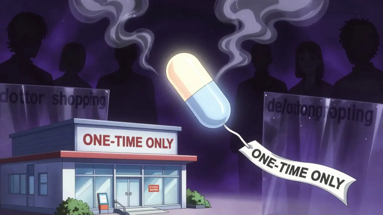 Surreal anime depiction of a single-use prescription transfer rule with barriers