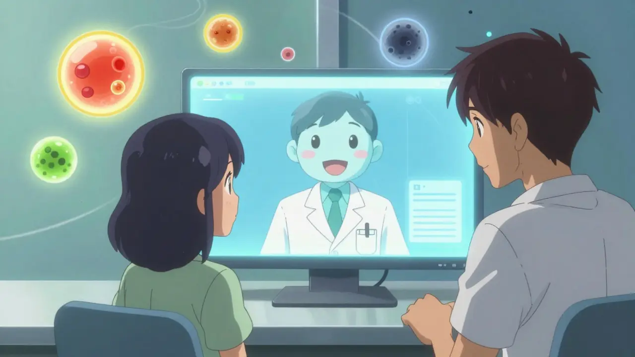 Surreal anime depiction of online dermatology consultation and skin analysis